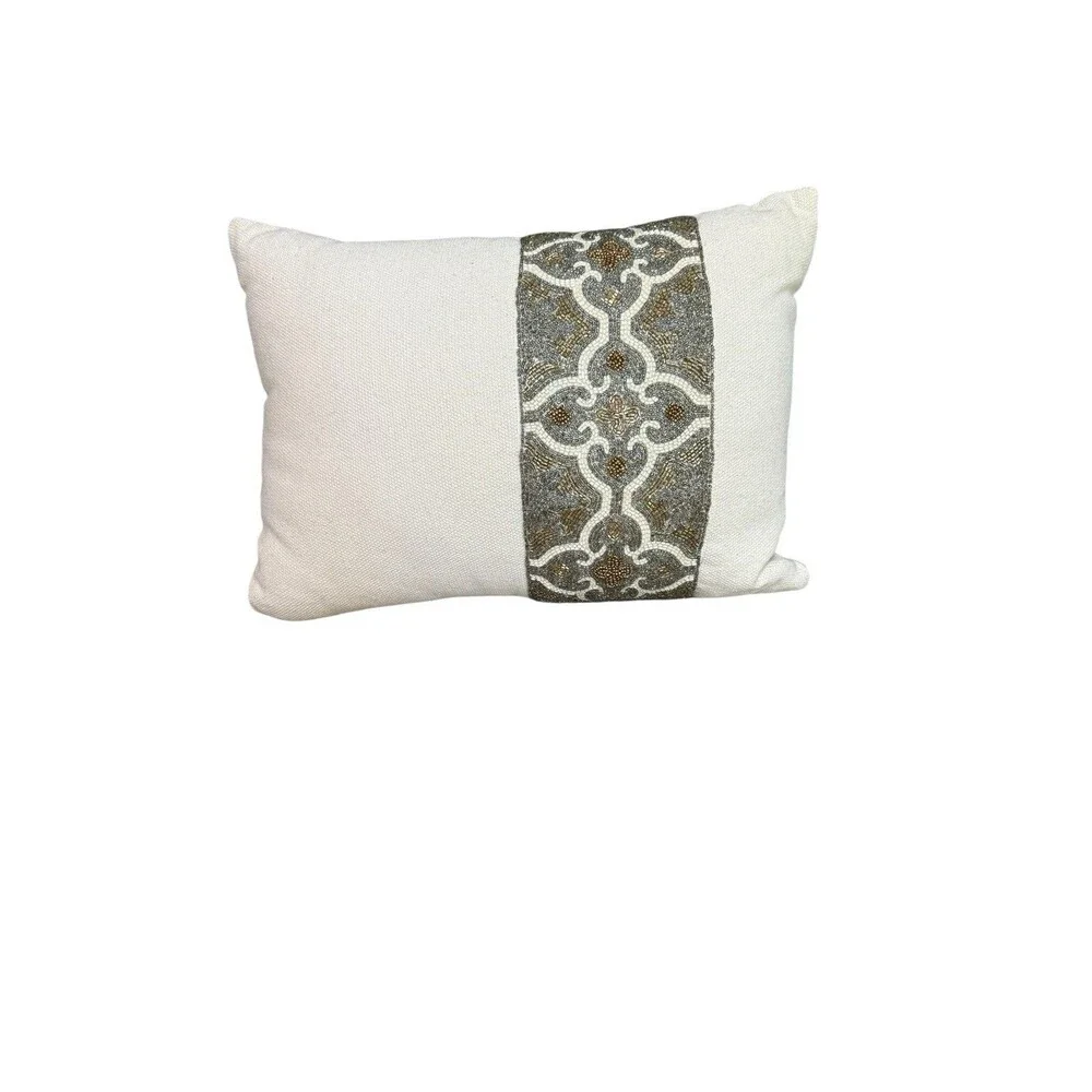 Pier 1 Beaded Pillow Rectangle Beige Gold Silver